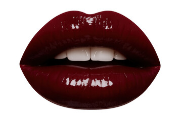 Obraz premium Glossy dark red lipstick highlighting symmetrical white teeth, parting sensually against transparent backdrop
