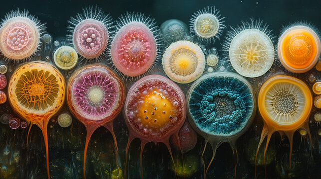 Colorful hydrozoans drifting in dark ocean depths, diverse marine life