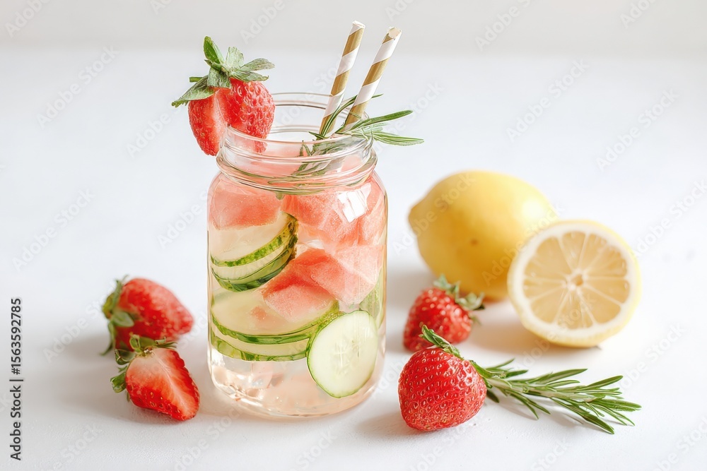 Poster refreshing homemade lemonade in a glass jar with fresh strawberries and cucumber slices for a cool s