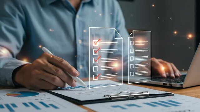 Data-Driven Businessman Checks Off Digital Checklist Items at Desk Using Laptop - Powered by Adobe