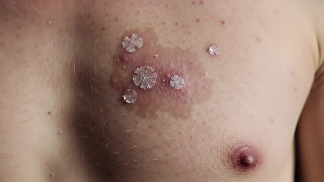 Human Torso Close Up with Crystalline Skin Lesions in Detailed Medical Stock Footage