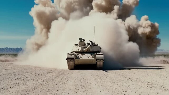 Tank maneuvers generate impressive dust clouds in an arid landscape, showcasing military training capabilities and power on display