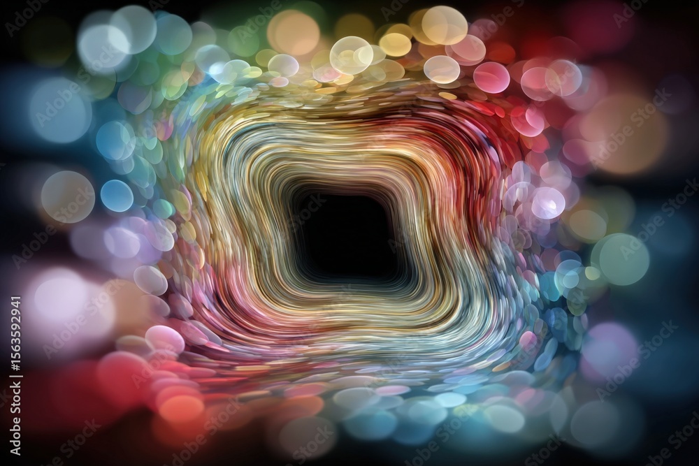 Poster Vibrant abstract tunnel with colorful light bokeh effects and swirling patterns creating a dynamic and mesmerizing visual experience