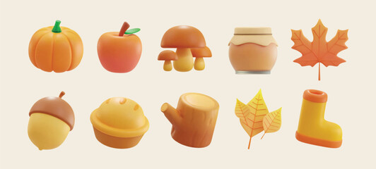 Collection 3d of Autumn forest elements. Acorn, Apple Pie, Autumn Leaf, Garden Shoes, Honey Jam Bottle, Maple Leaf, Mushroom, Pumpkin, Red Apple and Trunk 3d vector
