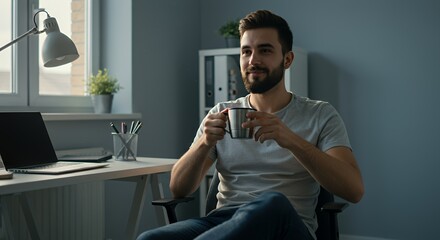 Relaxed young man enjoys a warm drink, contemplating the day ahead from his home office.