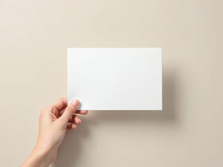 Obraz premium Hand holding a blank card against a plain beige background with soft lighting creating a serene and minimalistic atmosphere