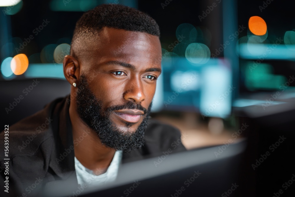 Aufkleber professional young african american man working on a computer in an office with multiple screens du 