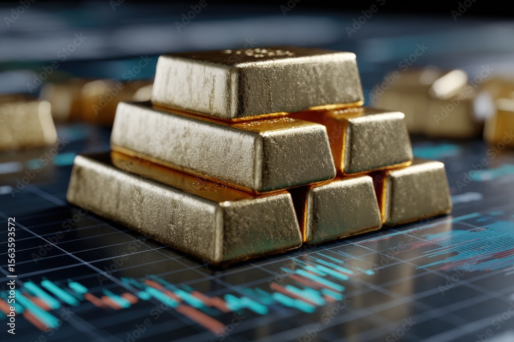 Aufkleber Close-up view of shiny gold and silver bars stacked in a pyramid shape on a financial chart background representing wealth and investment