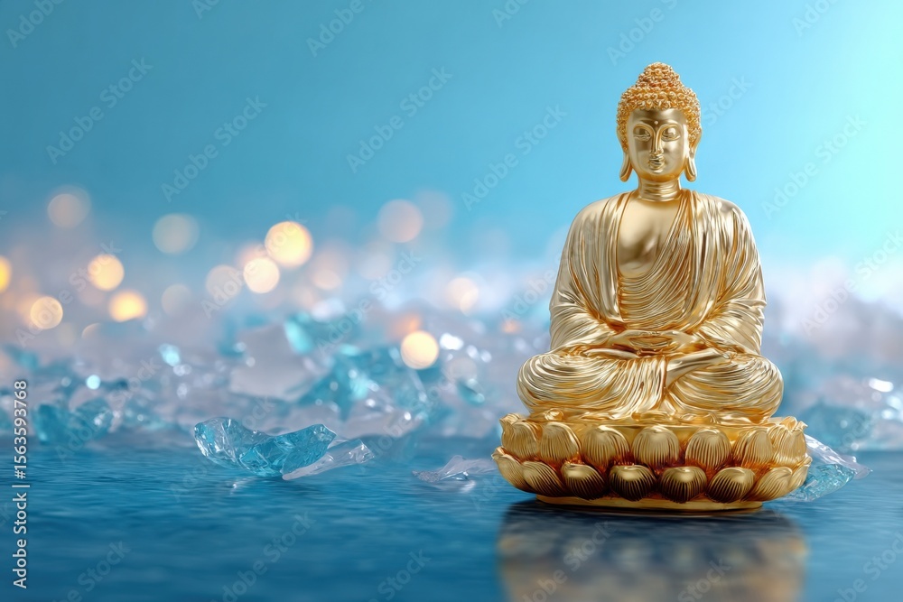 Poster detailed close-up of a golden buddha statue sitting in meditation pose on a lotus flower base with a