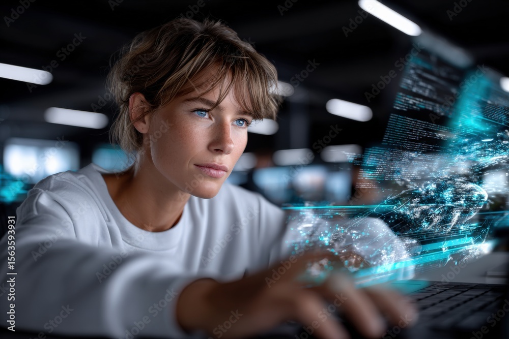 Poster young woman with short hair and blue eyes using a transparent futuristic digital interface with holo