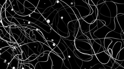 Abstract design of interwoven lines and dots on a black background.