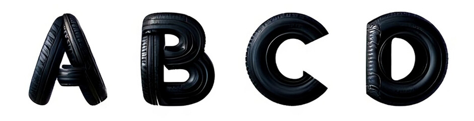 "Alphabet Letters A B C D Made from Car Tires on White Background"