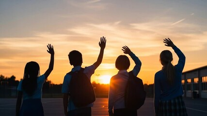 Group of teenagers waving farewell during a vibrant sunset at the schoolyard
