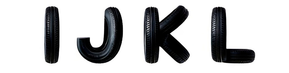 "Alphabet Letters I J K L  Made from Car Tires on White Background"