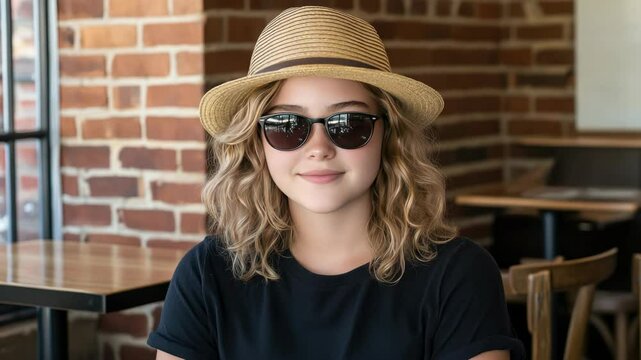 A young individual enjoys a moment of tranquility indoors, sporting stylish sunglasses and a trendy straw hat amidst a cozy atmosphere