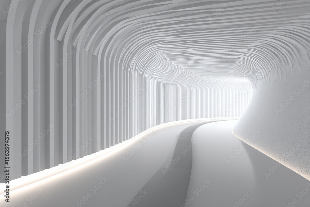 Poster Futuristic white tunnel with curved walls and glowing ambient lighting creating a sleek modern pathway design for architectural visualization