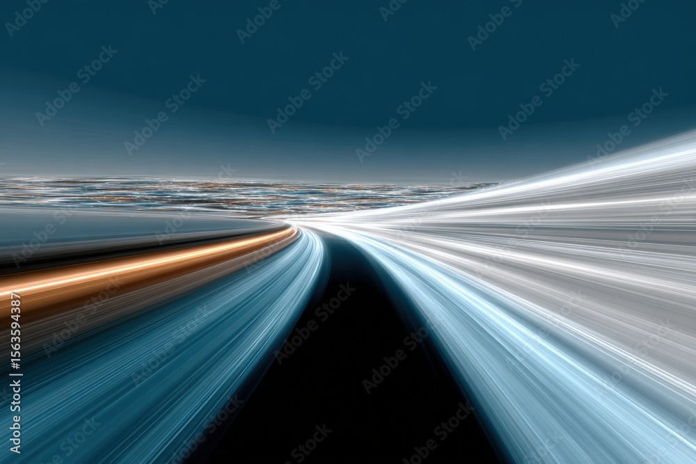 Poster Dynamic abstract motion blur of a futuristic highway with streaks of light and vibrant colors creating a sense of speed and high technology