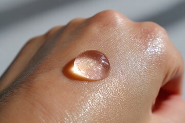 Fototapeta premium Close-up of a single transparent water droplet resting on smooth skin with detailed texture and subtle reflections highlighting hydration and freshness