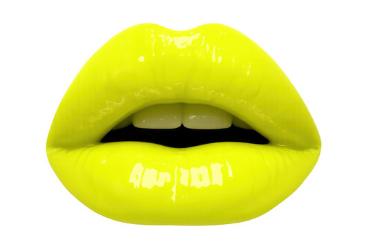 Glossy neon yellow lips slightly parted, revealing bright teeth against transparent background, creating vibrant cosmetic statement