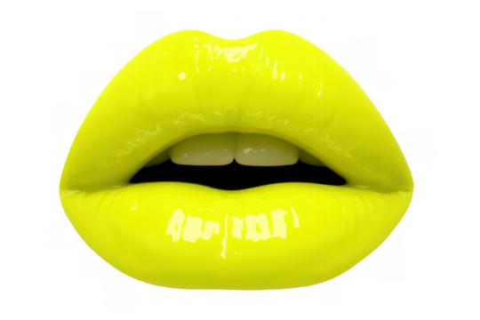 Glossy neon yellow lips slightly parted, revealing bright teeth against transparent background, creating vibrant cosmetic statement