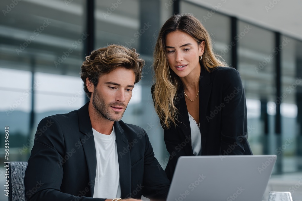 Poster professional business colleagues working together on a project using a laptop in a modern office set