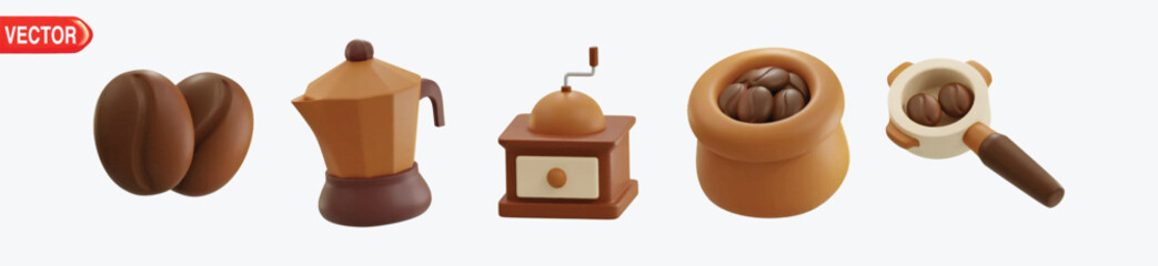 Set of realistic 3D Coffee icons. Beans, Beans Sack, Cup, Grinder, Tree, Iced Coffee, International Coffee Day, Moka Pot, Portafilter. 3d coffee shop concept
