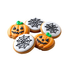 Fototapeta premium Freshly made pumpkin cookies with Halloween decorations and fun icing designs, ideal for spooky celebrations on transparent background