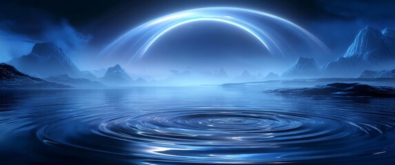 Mystical Blue Landscape with Celestial Ring and Rippling Water