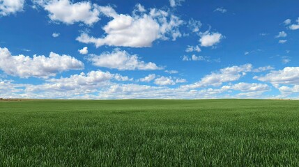 Obraz premium Large expanses of green meadows stretch under a white cloud-covered blue sky, showcasing endless natural beauty and are perfect for a variety of activities and landscapes.