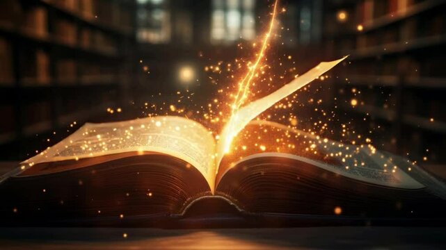 An open book with glowing, magical sparks and light emanating from its pages, symbolizing inspiration and knowledge. Ai Footage.