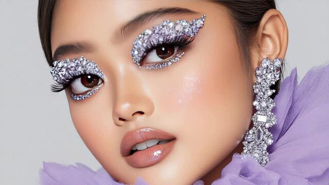 A captivating makeup application highlights artistic techniques featuring glimmering crystals and bold colors that enhance natural beauty