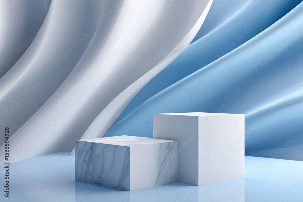 Poster elegant modern abstract background with flowing silky fabric in shades of white and blue with geomet