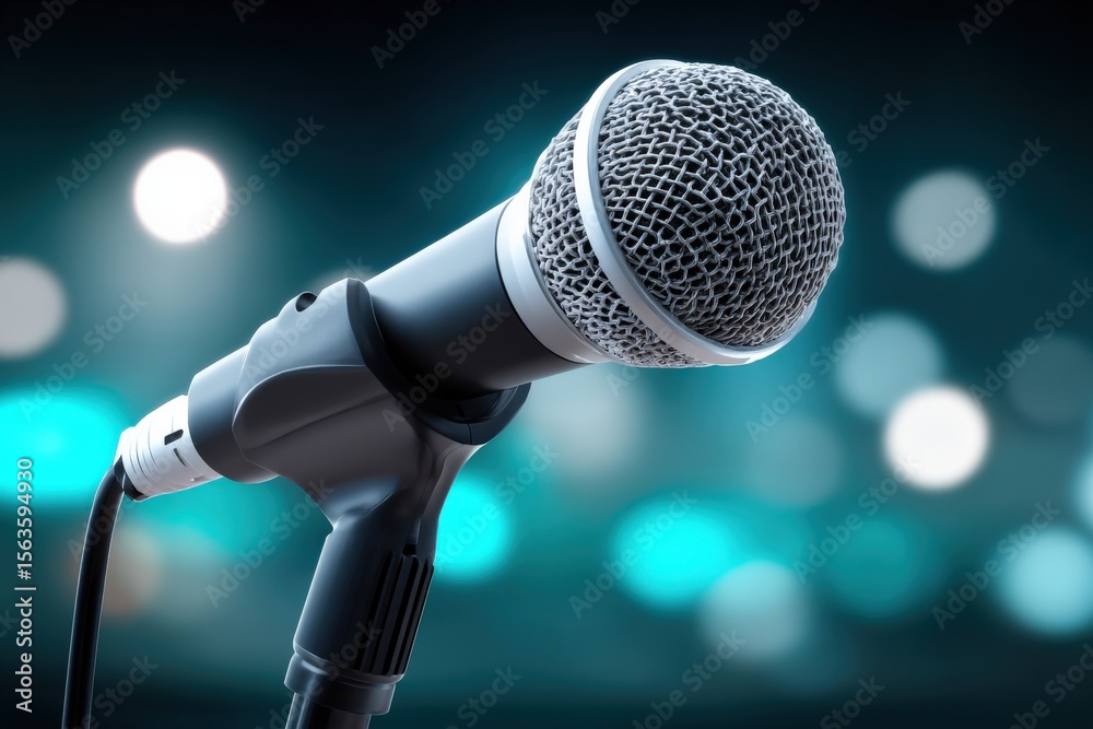 Poster close-up of a professional handheld dynamic microphone with a detailed metal grille and black body o