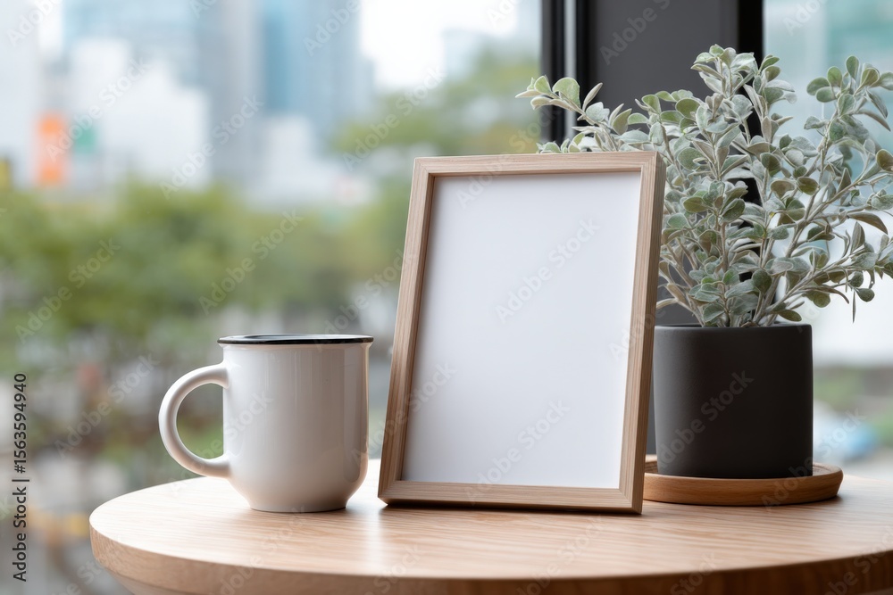 Aufkleber empty wooden picture frame with a green plant in a black pot and a white coffee mug on a round woode