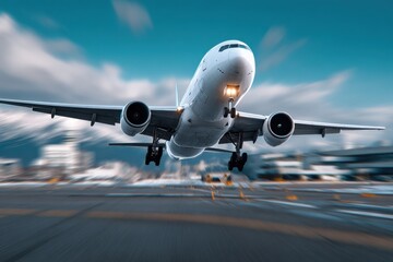 Obraz premium Modern commercial passenger airplane taking off from runway du daytime with flaps extended and clear blue sky background