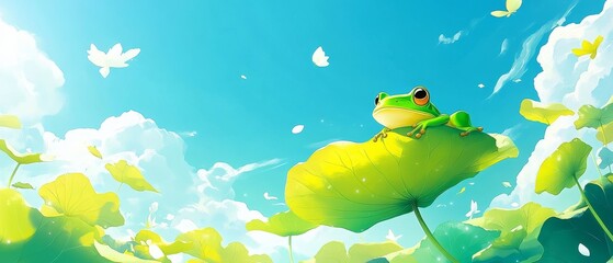 A serene frog perched on a vibrant lotus leaf under a bright, sunny sky with fluffy clouds.