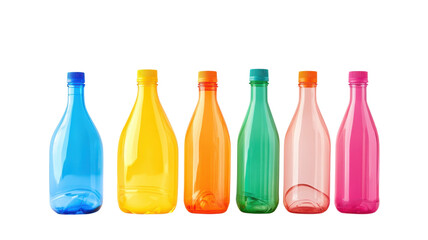 Colorful plastic bottles arranged neatly on a white background showcasing vibrant hues and modern design for eco-friendly living on transparent background
