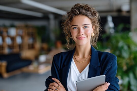 Young woman with curly hair smiling holding digital tablet in modern office or coworking space with greenery and contemporary decor background