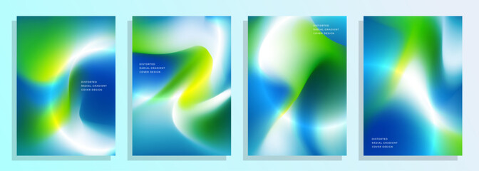 set of abstract blue green light distorted radial gradient cover poster background design.