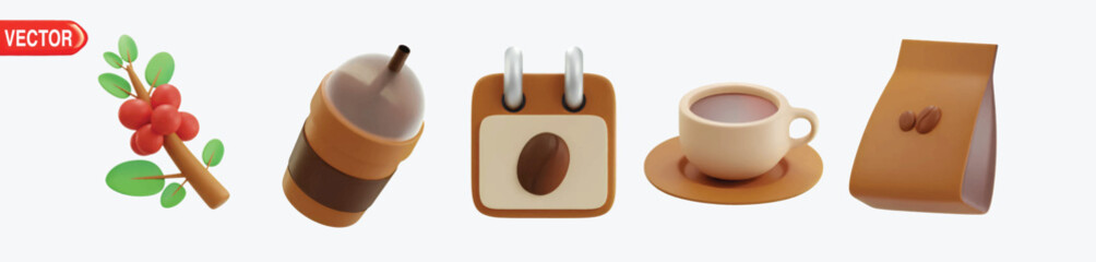 Set of realistic 3D Coffee icons. Beans, Beans Sack, Cup, Grinder, Tree, Iced Coffee, International Coffee Day, Moka Pot, Portafilter. 3d coffee shop concept

