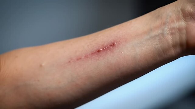 Close Up on Woman's Arm Displaying a Skin Abrasion with a Linear Wound Against Blurred Neutral Background