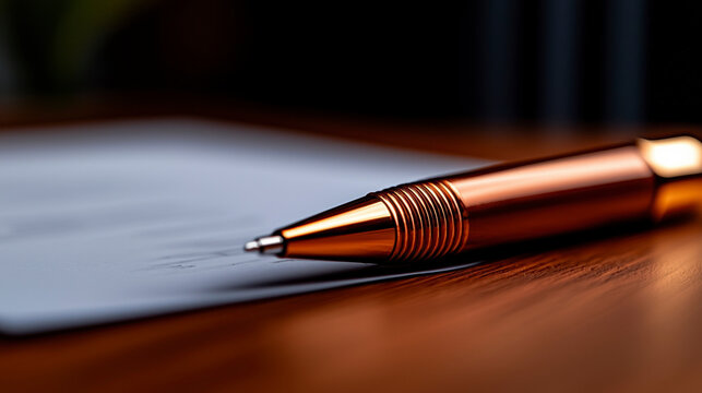 A close up of a business contract laid out on a wooden desk with a pen ready to sign. Essential legal document awaits signature on rustic wood surface a pen rests nearby prepared