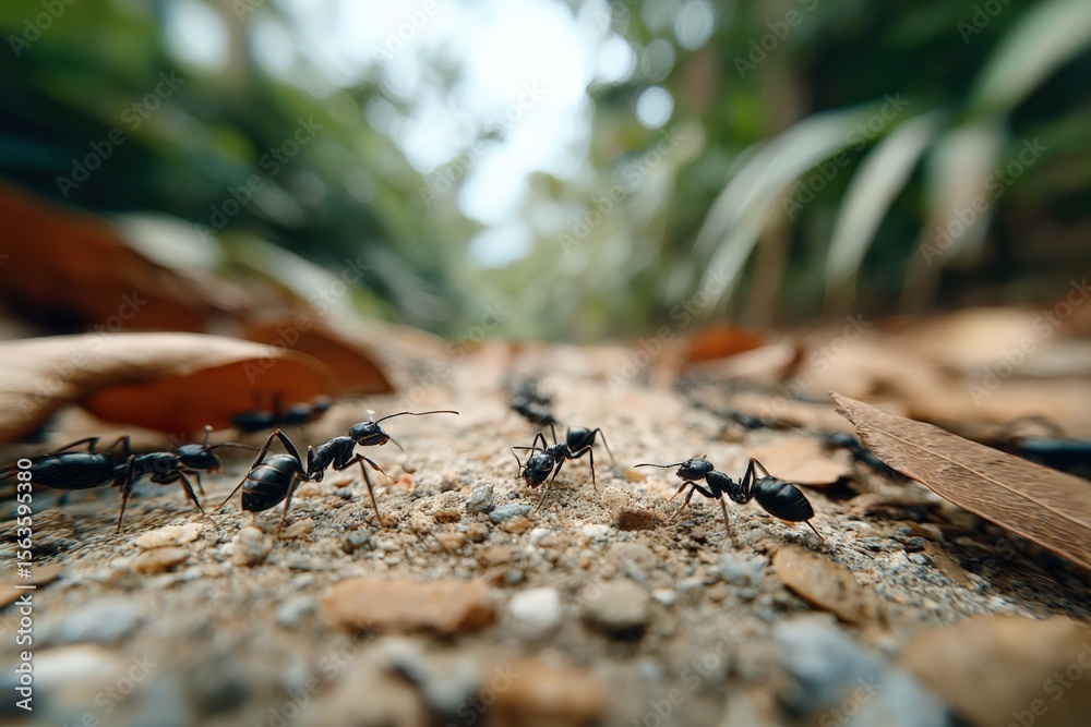 Poster close-up of black ants walking on a dirt path in a green lush forest with blurred foliage in the bac