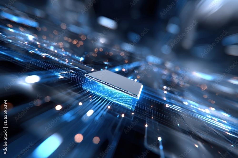 Poster High-tech electronic microchip circuit board with glowing connections and advanced digital technology components in a futuristic setting