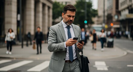 Busy city professional checks his phone while crossing a street, showcasing a blend of urban life and modern communication.