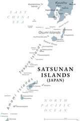 Satsunan Islands, Japan, gray political map. Japanese island group, forming the northern part of Ryukyu Islands, belonging to Kagoshima Prefecture, and consisting of Osumi, Tokara, and Anami Islands.