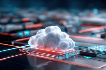 Futuristic Cloud Computing Concept with Cloud Icon, Digital Data Storage, Technology Network, and Data Flow in a Modern Cyber Environment