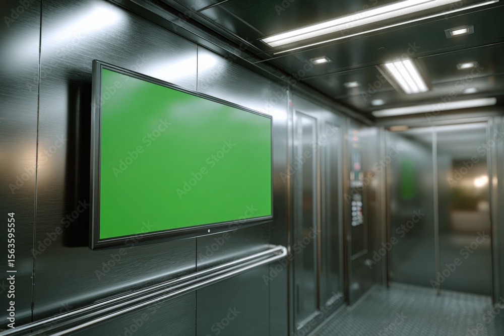 Poster modern elevator interior with sleek metallic walls and ceiling lighting featu a large green screen d