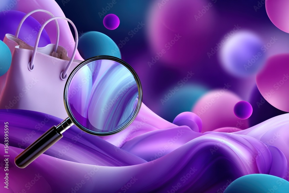 Poster abstract surreal scene with shopping bags and magnifying glass amidst colorful floating spheres and 
