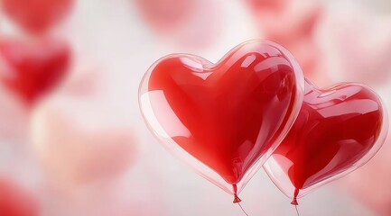 Shiny Red Heart-Shaped Balloons Floating Against a Soft Background